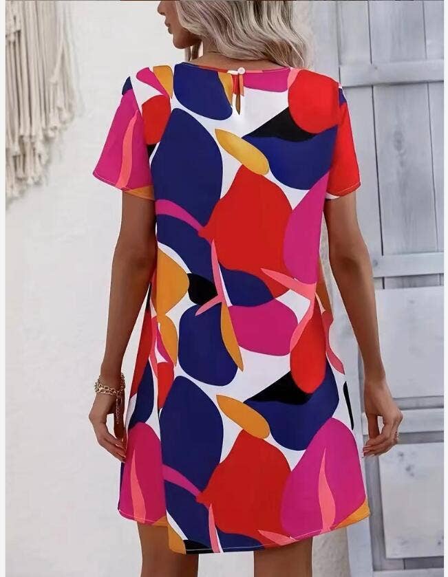 Holiday print crew neck short-sleeved dress