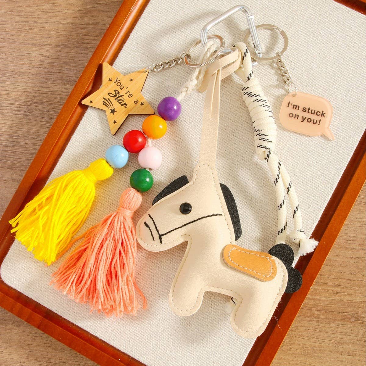 Cream PU Pony Tassel Star Bag Charm Keychain