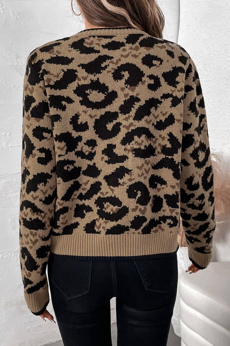 CWOCAL1557_LEOPARD PRINT BOW TIE KNITTED SWEATER CARDIGAN