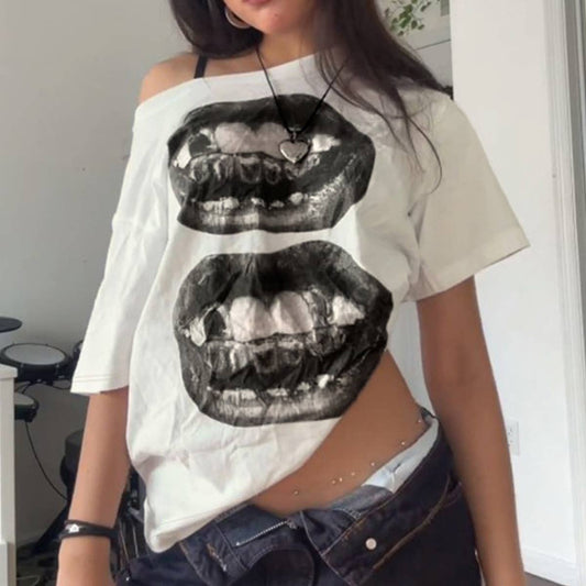 Hip hop style mouth print design one-shoulder Top
