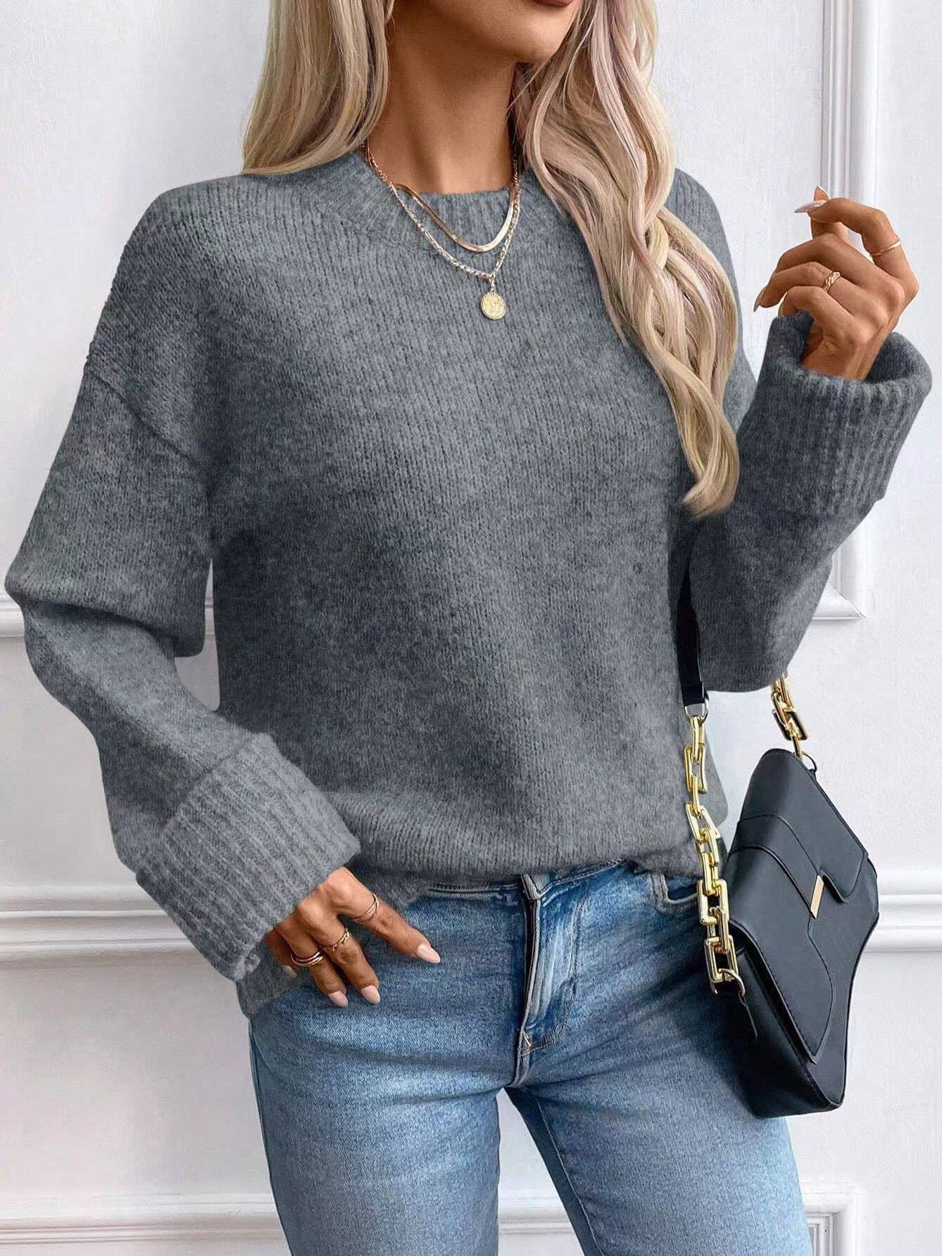 SOLID COLOR CREW NECK COMFORTABLE CASUAL SWEATER