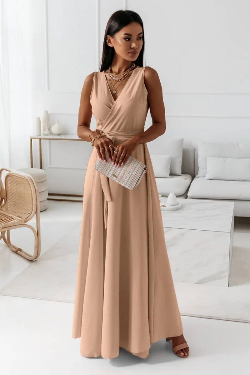 CWDMD4853_LACE-UP V-NECK LONG EVENING GOWN DRESS