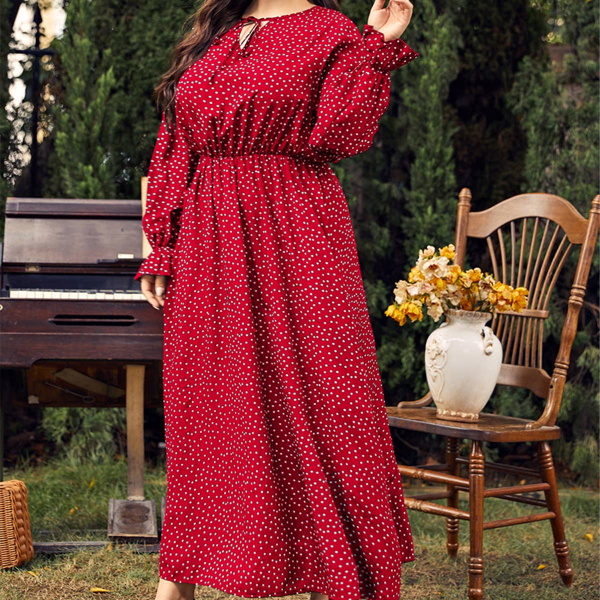Plus Size Polka Dot Dress ??Loose Long Sleeve Fit_CWDMD5977
