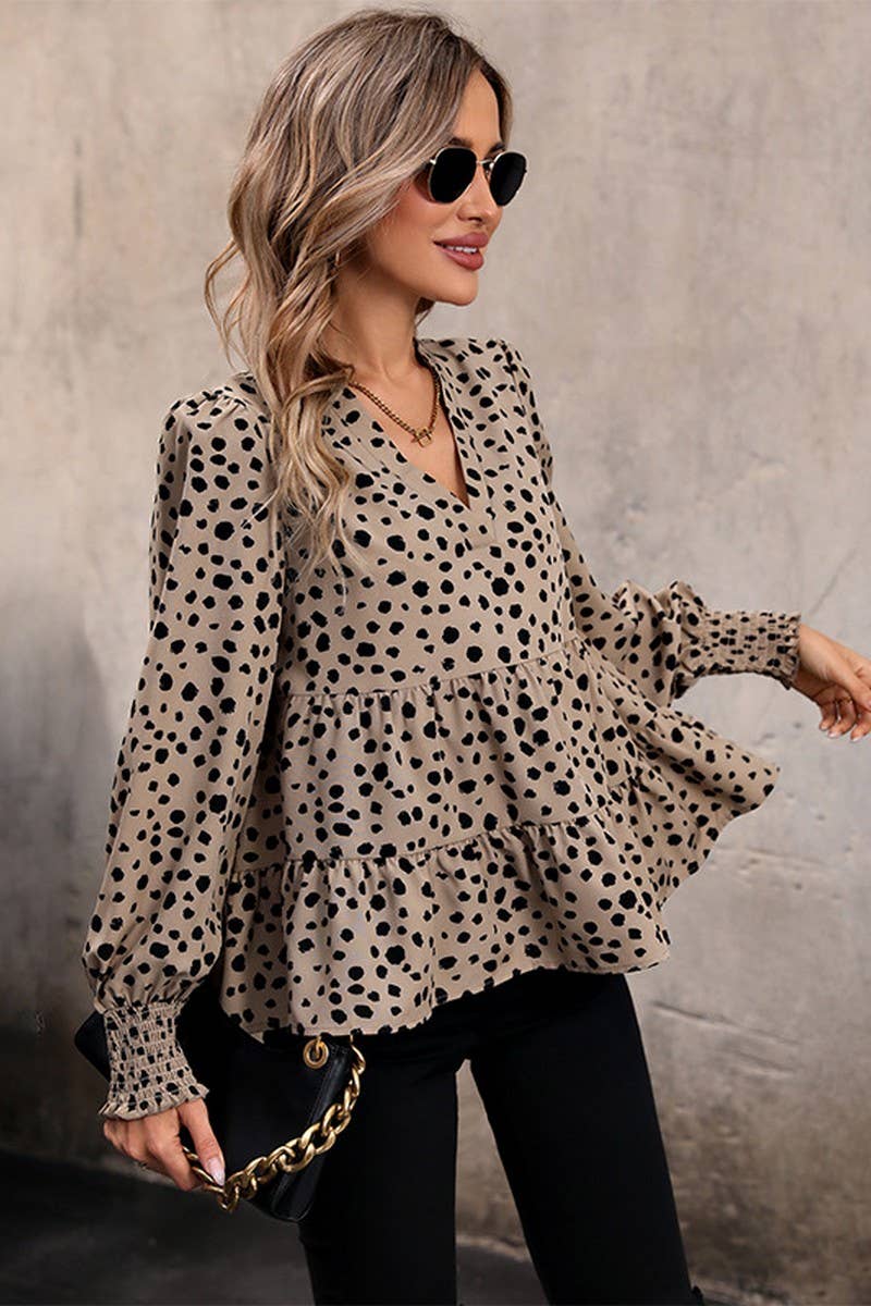 WOMEN V NECK LEOPARD PRINTED RUFFLED SHIRT_CWTSTL0588