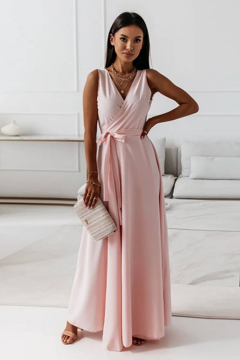 CWDMD4861_LACE-UP V-NECK EVENING GOWN LONG DRESS