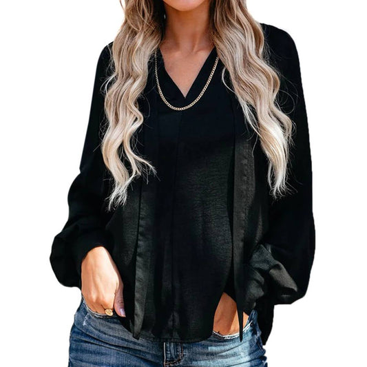 SOLID COLOR V-NECK LACE-UP LONG SLEEVE SHIRT