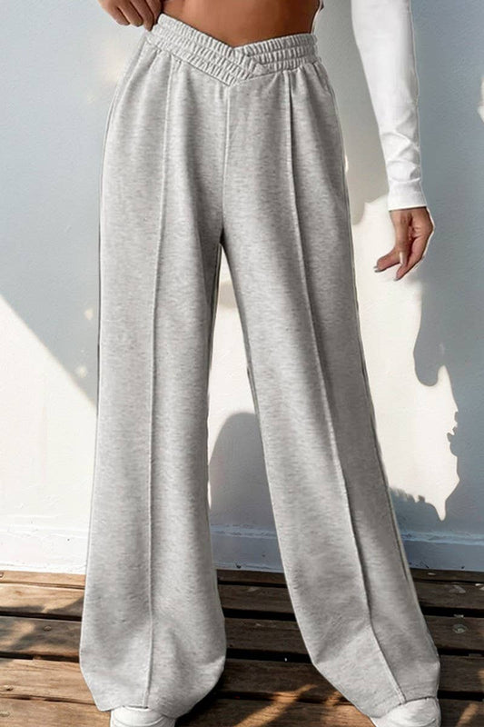 CWBLP1356_CASUAL ELASTIC V-NECK HIGH WAIST WIDE LEG PANTS
