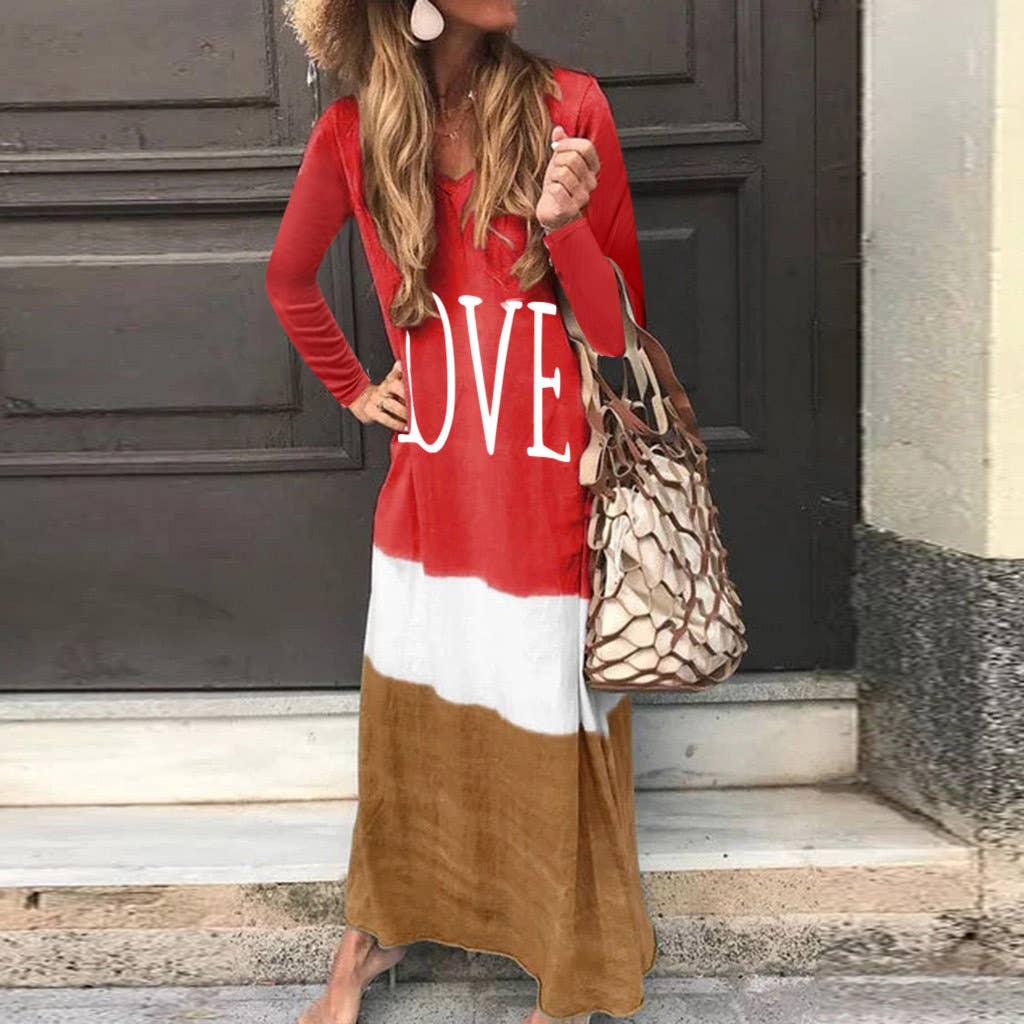 Fashion color-blocking printe long-sleeved dress