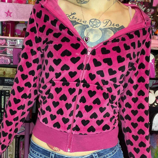 Y2K LOVE PRINTED SUEDE PERSONALITY ZIPPER HOODIE