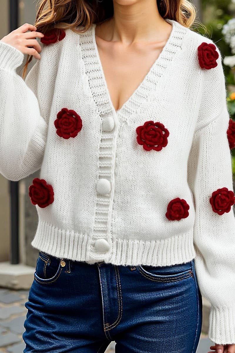 CWOCAL2357_3D FLORAL KNIT V-NECK BUTTON CARDIGAN