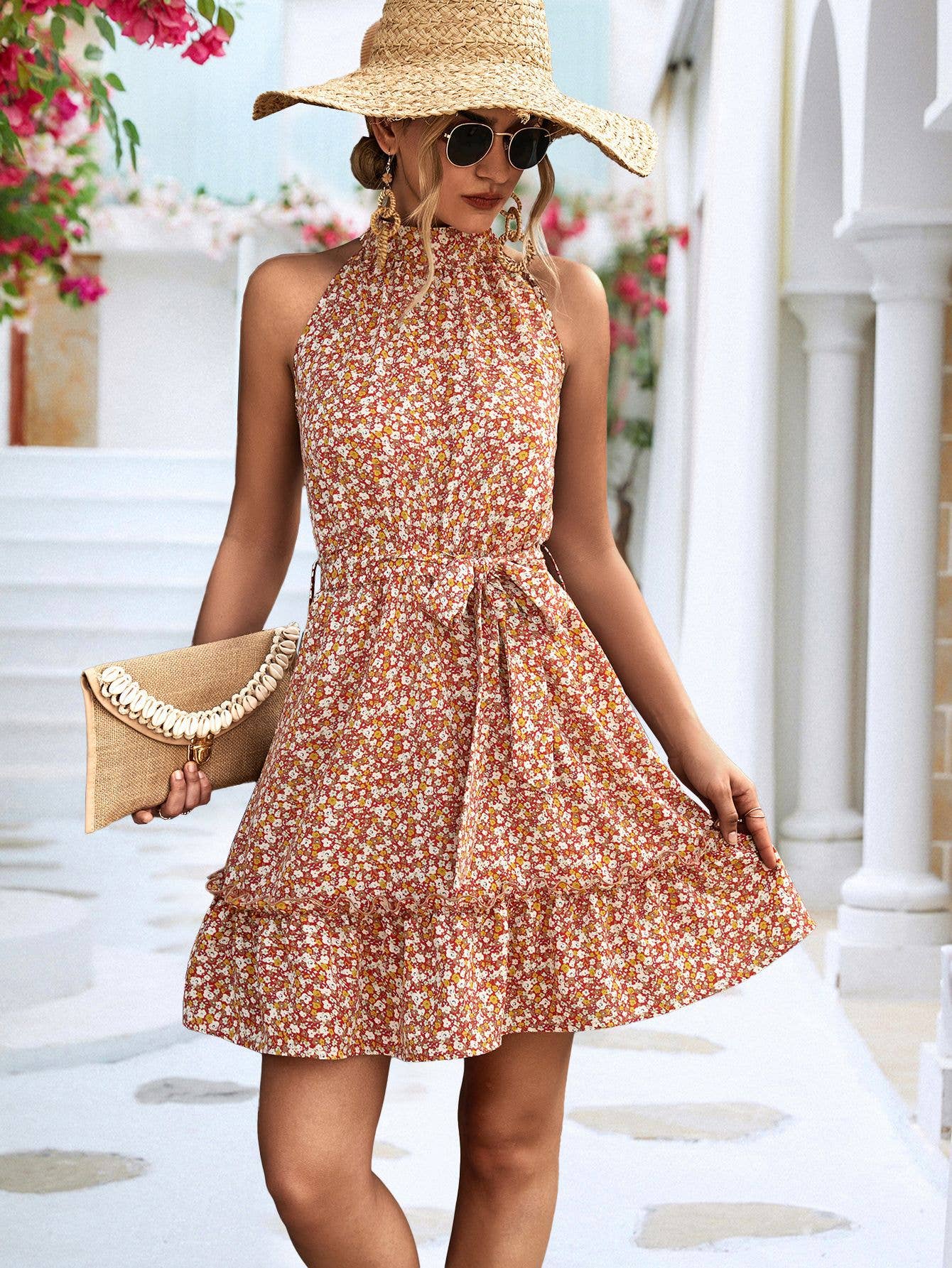 SLEEVELESS DRESS WITH NECK AND WAIST
