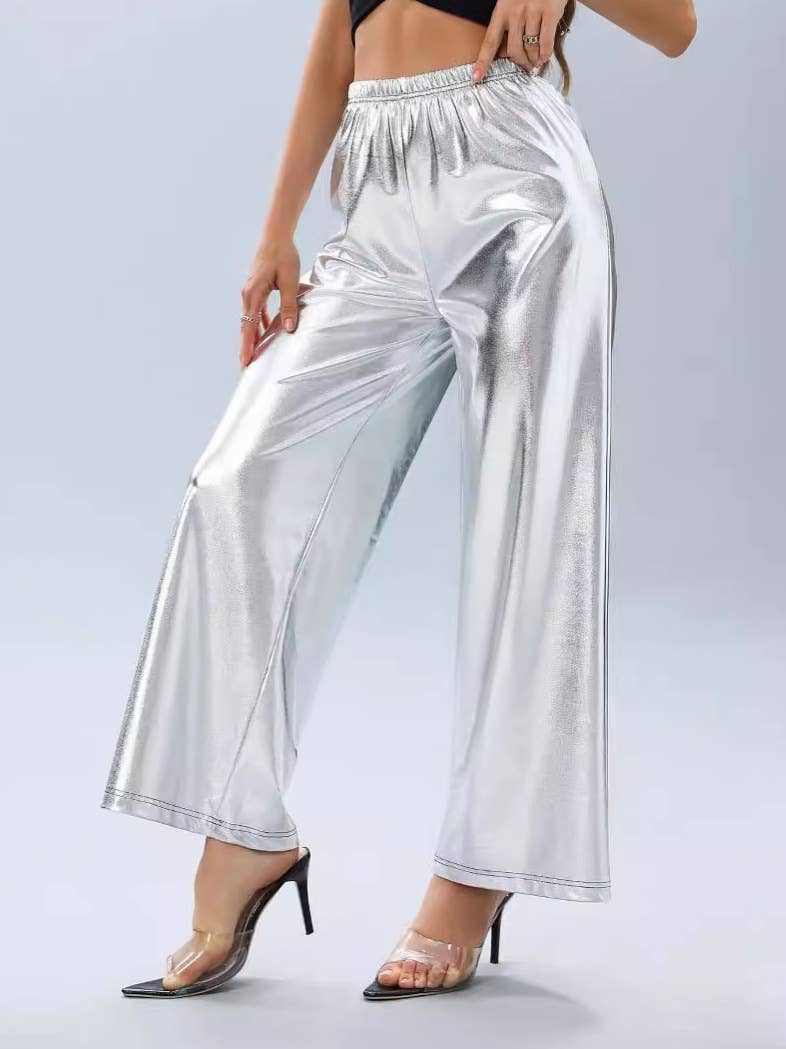 PRESSED SILVER LOOSE HIGH-WAISTED CASUAL PANTS