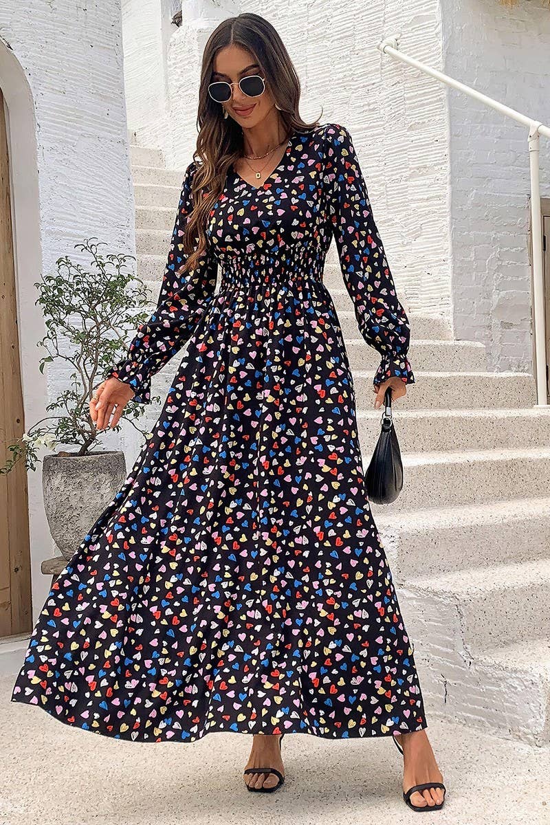CWDMD4100_PRINTED V-NECK LONG-SLEEVED SWING DRESS