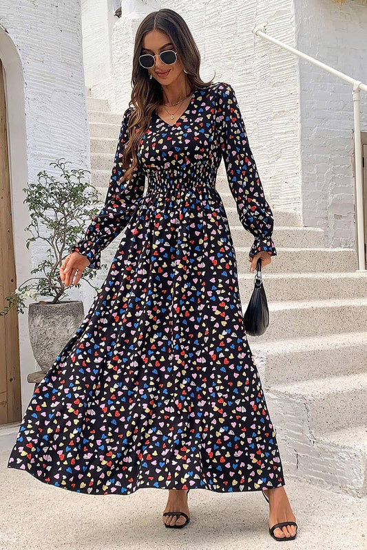 CWDMD4100_PRINTED V-NECK LONG-SLEEVED SWING DRESS