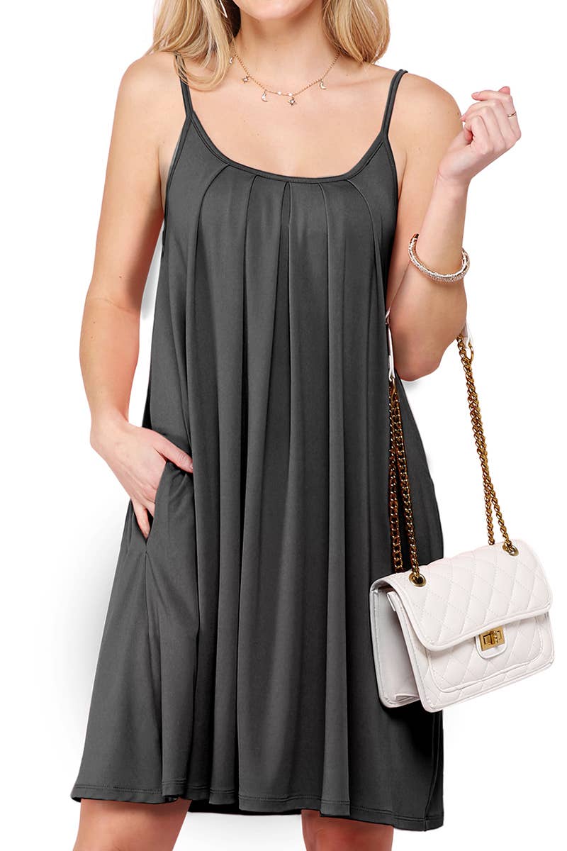 CWDSD10371-P_PLEATS DETAILED DRESS WITH POCKET AND STRAP