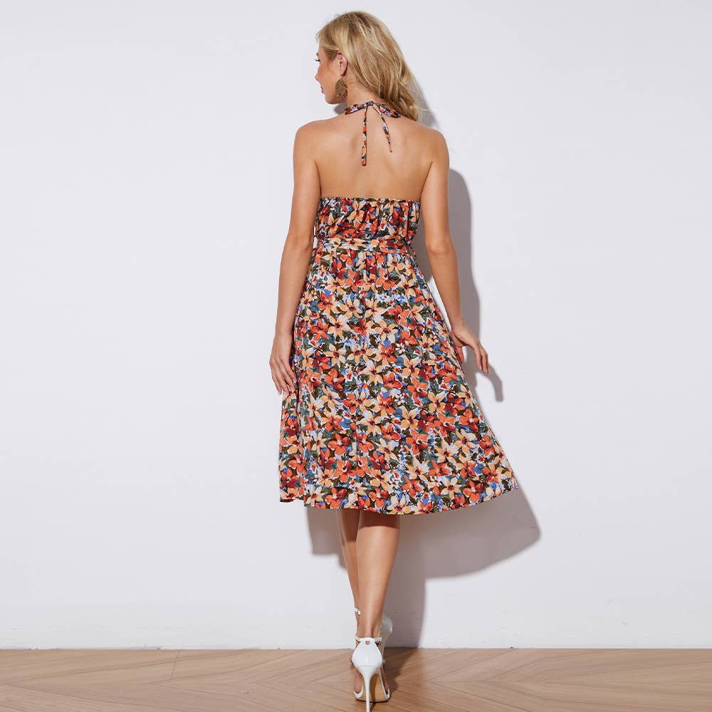 Mid-length printed dress with halter strap