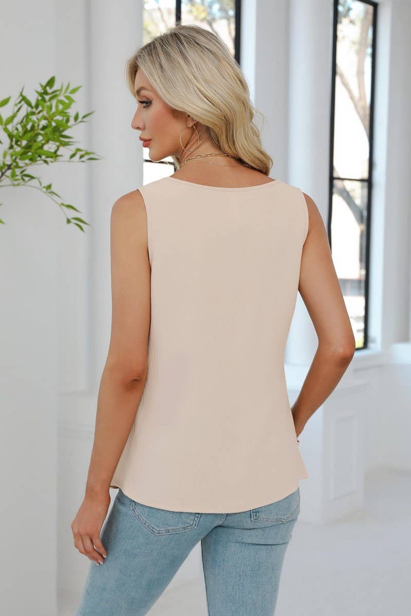 Cwtblsl0968_Solid Pleated V-Neck Chiffon Tank Top