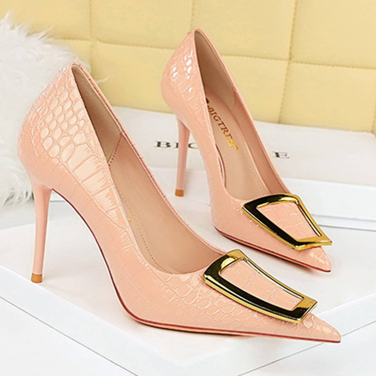 WOMEN SHALLOW POINTED TOE METAL BUCKLE HIGH HEELS