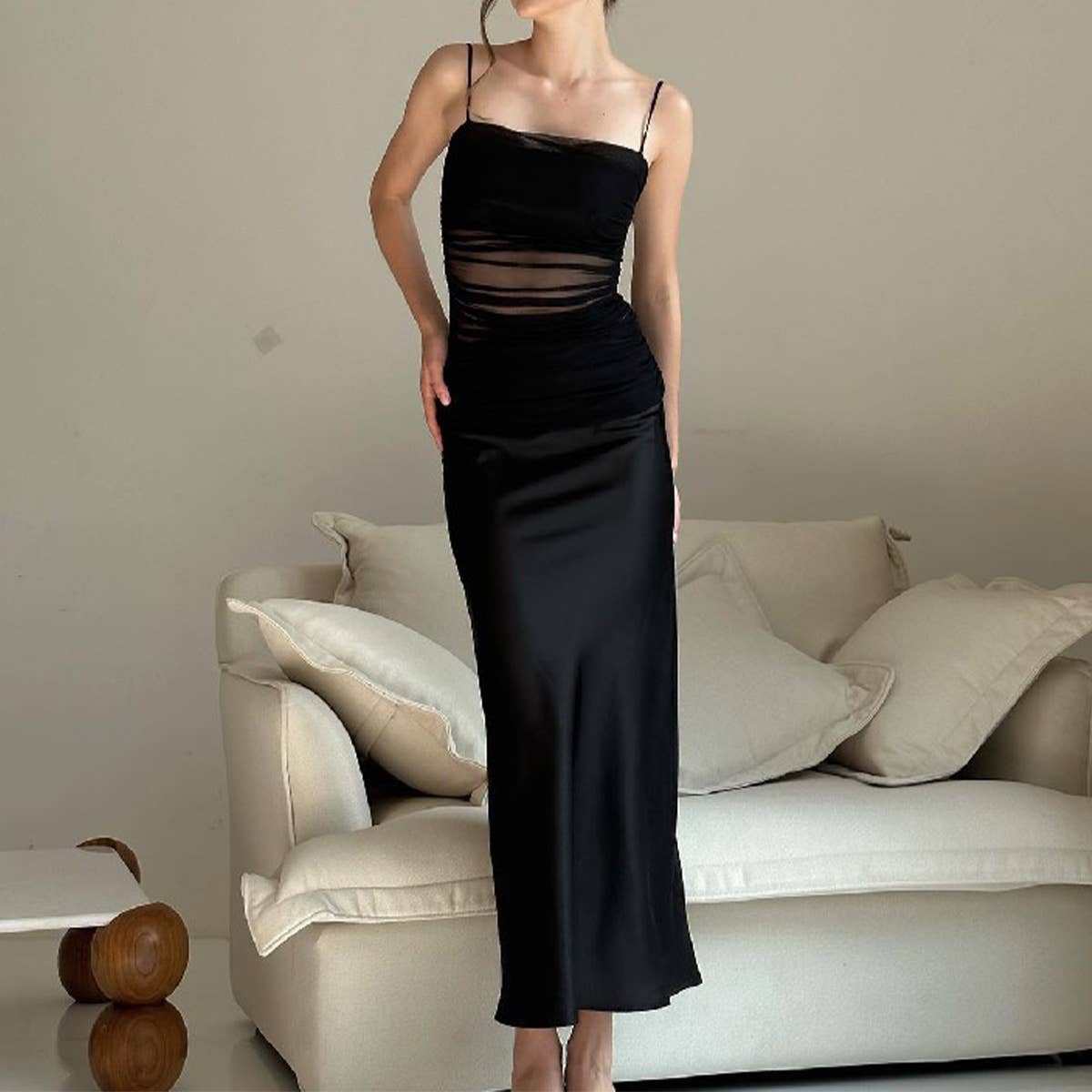Sheer mesh high slit strapless bodycon maxi dress