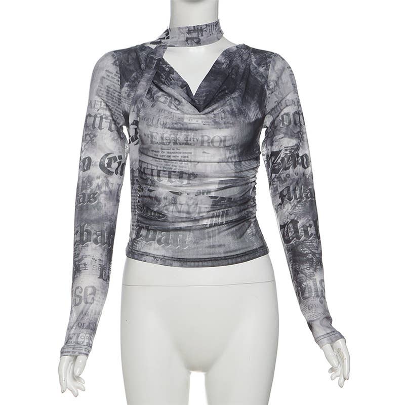FASHION SLIM-FIT NEWSPAPER PRINT SEE-THROUGH TOP