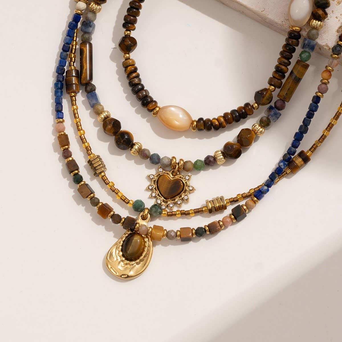 Tiger Eye Heart Pendant Beaded Necklace