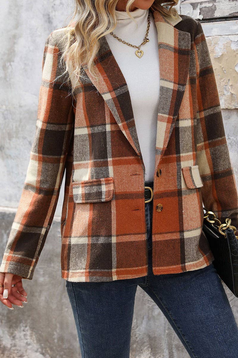 CWOCO0651_CHECK VINTAGE BUTTON LAPEL BLAZER