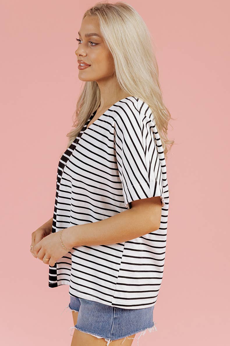 V-neck trend color matching print loose T-shirt