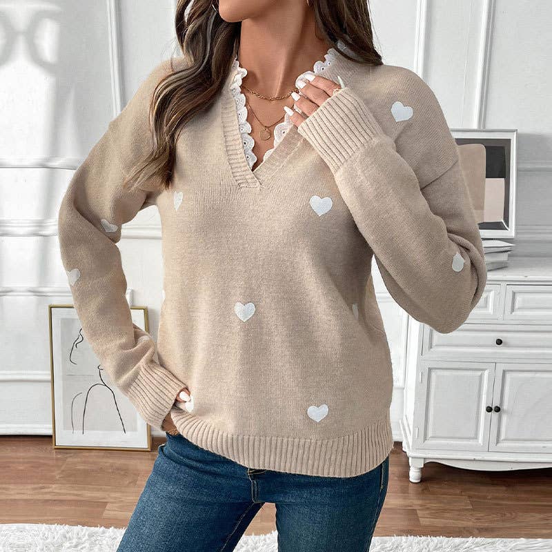 Valentine's Day lace V-neck love jacquard pullover sweater