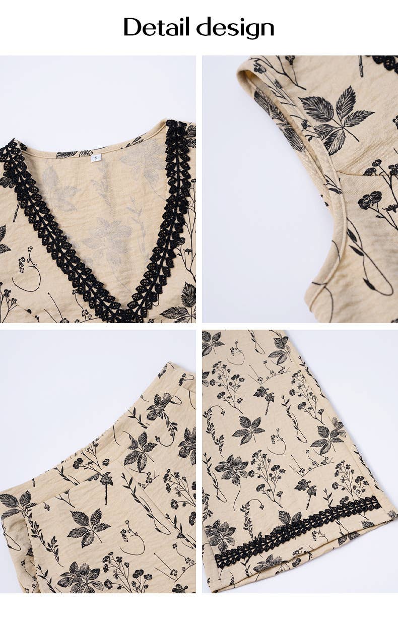 Bohemian Floral Lace Trim Vest & Pants Set_Cwstb1806