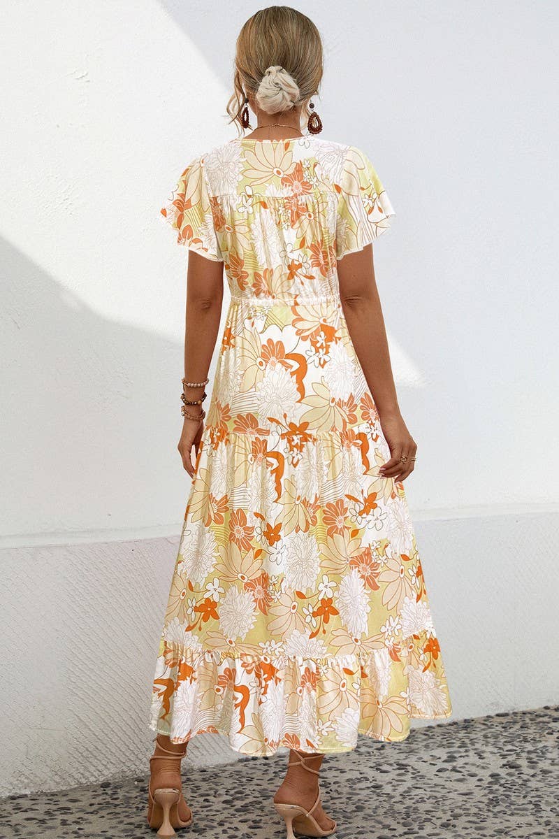 CWDMD2767_V-NECK FLORAL PRINT BUTTON-DOWN LONG DRESS