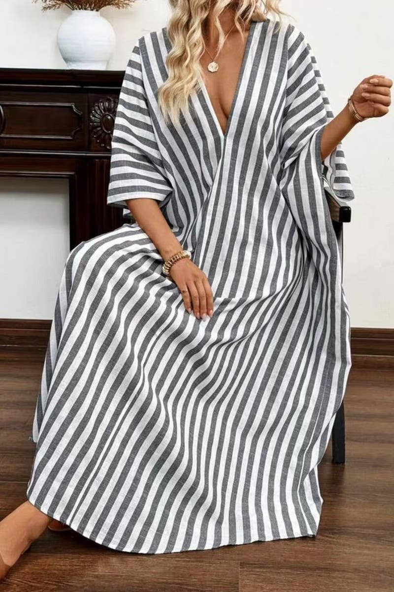 CWDMD5853_CASUAL LOOSE V-NECK STRIPED MAXI DRESS