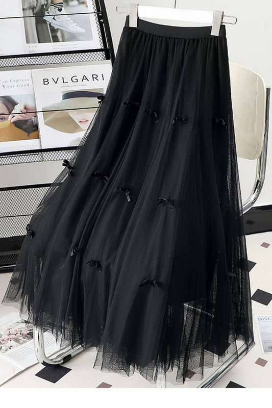 CWBLS00712_2023 BOW MESH A-LINE MIDI SKIRT WOMEN