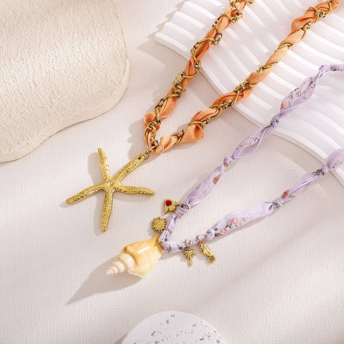 Ocean Style Silk Scarf Necklace with Star & Shell_CWMM8809