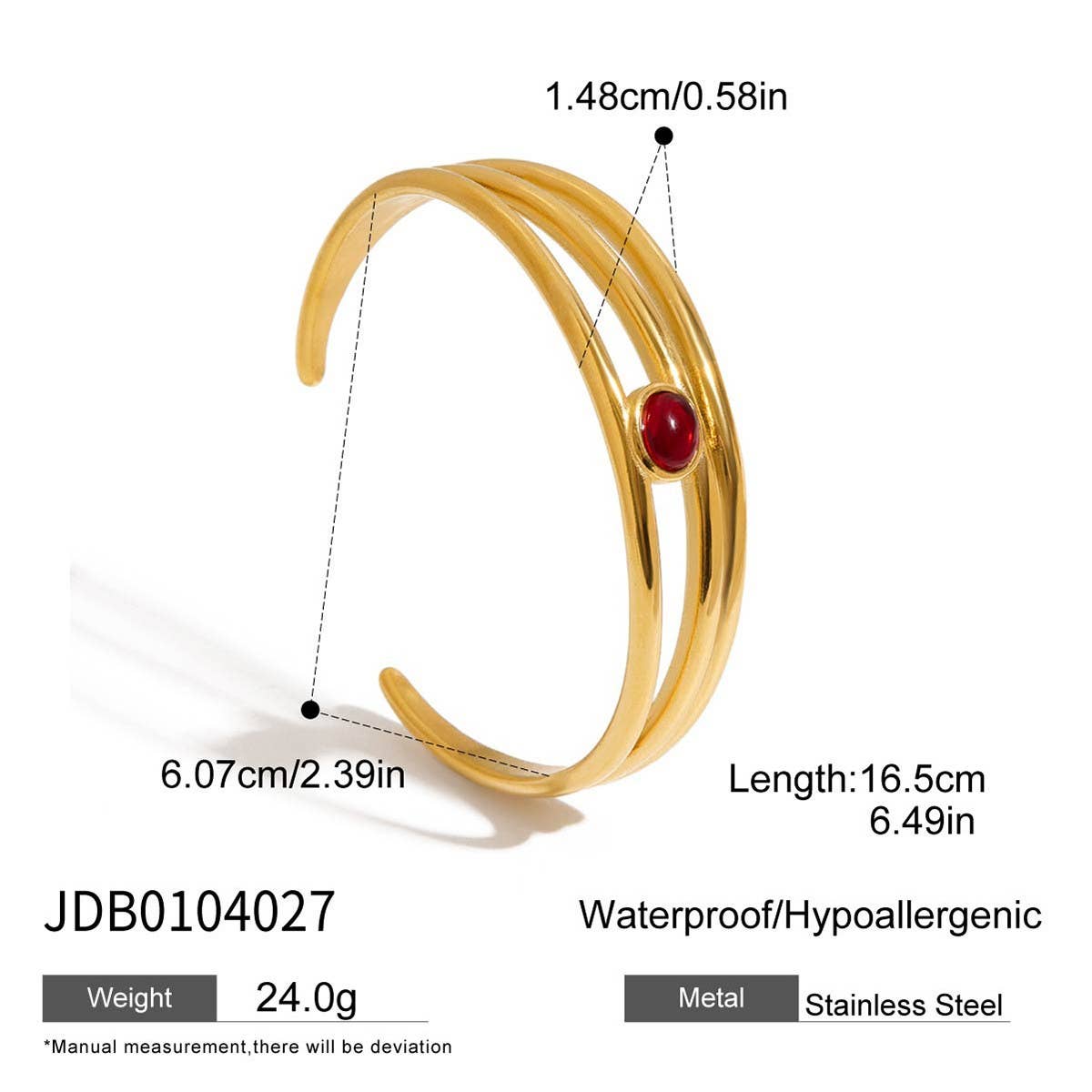 Luxury 18K Gold Triple Layer Red Stone Open Cuff