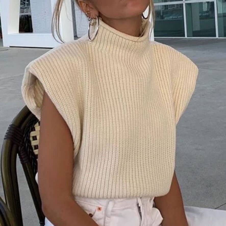 SOLID SLEEVELESS TURTLENECK SHOULDER PAD SWEATER