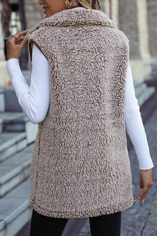 WOMEN BUTTON DOWN LAPEL SLEEVELESS FLEECE JACKET_CWOJA0626