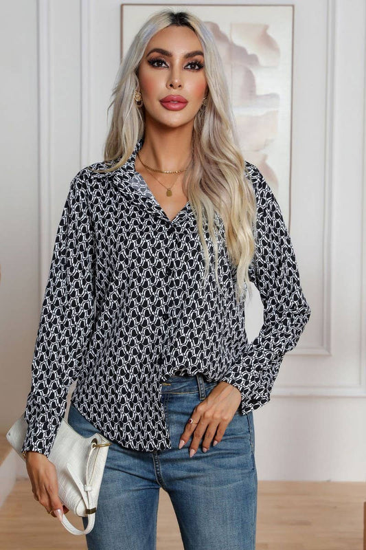 Cwttl1389_Casual Print Foldover Collar Pullover Top