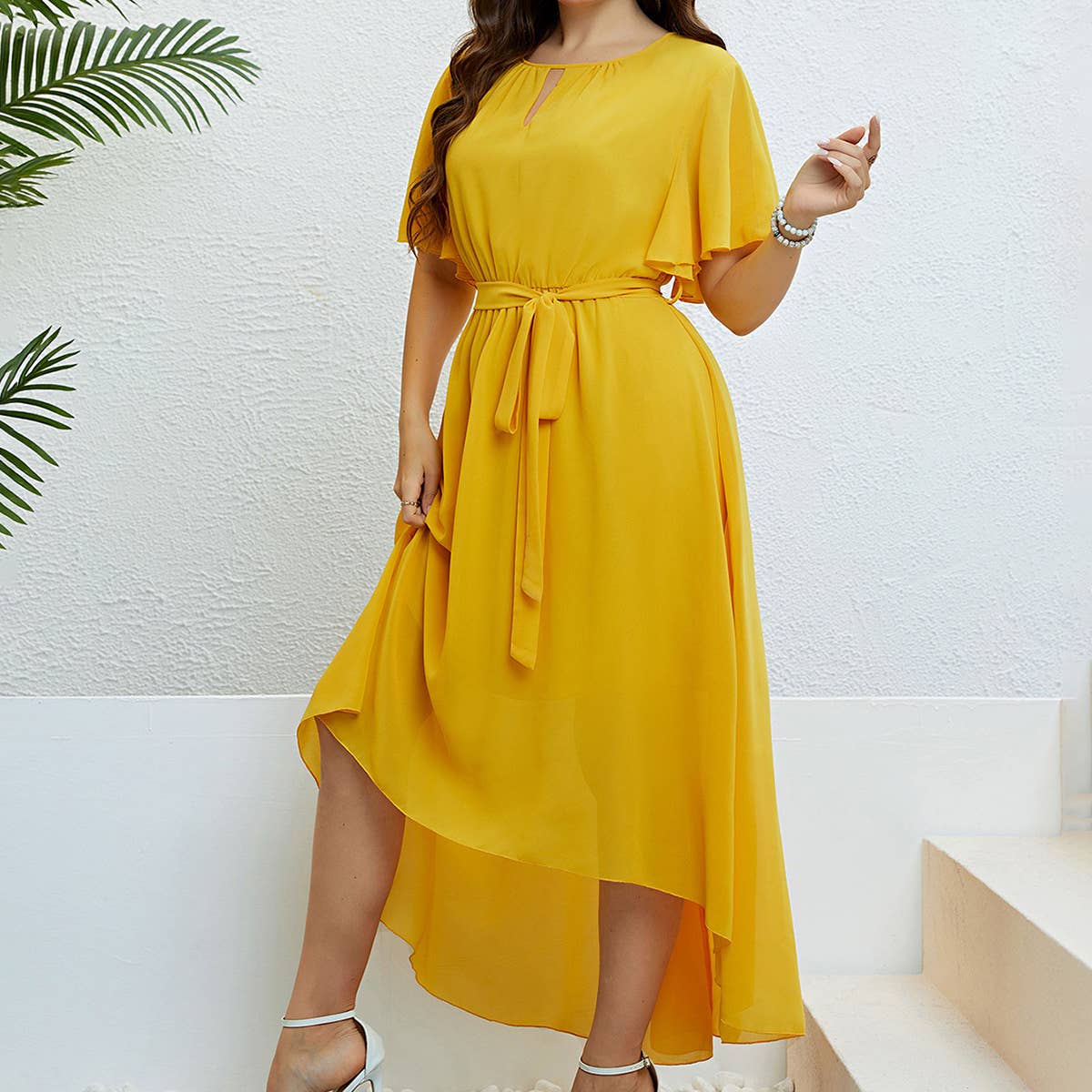 Yellow V neck tie waist up dress_CWDMD1491