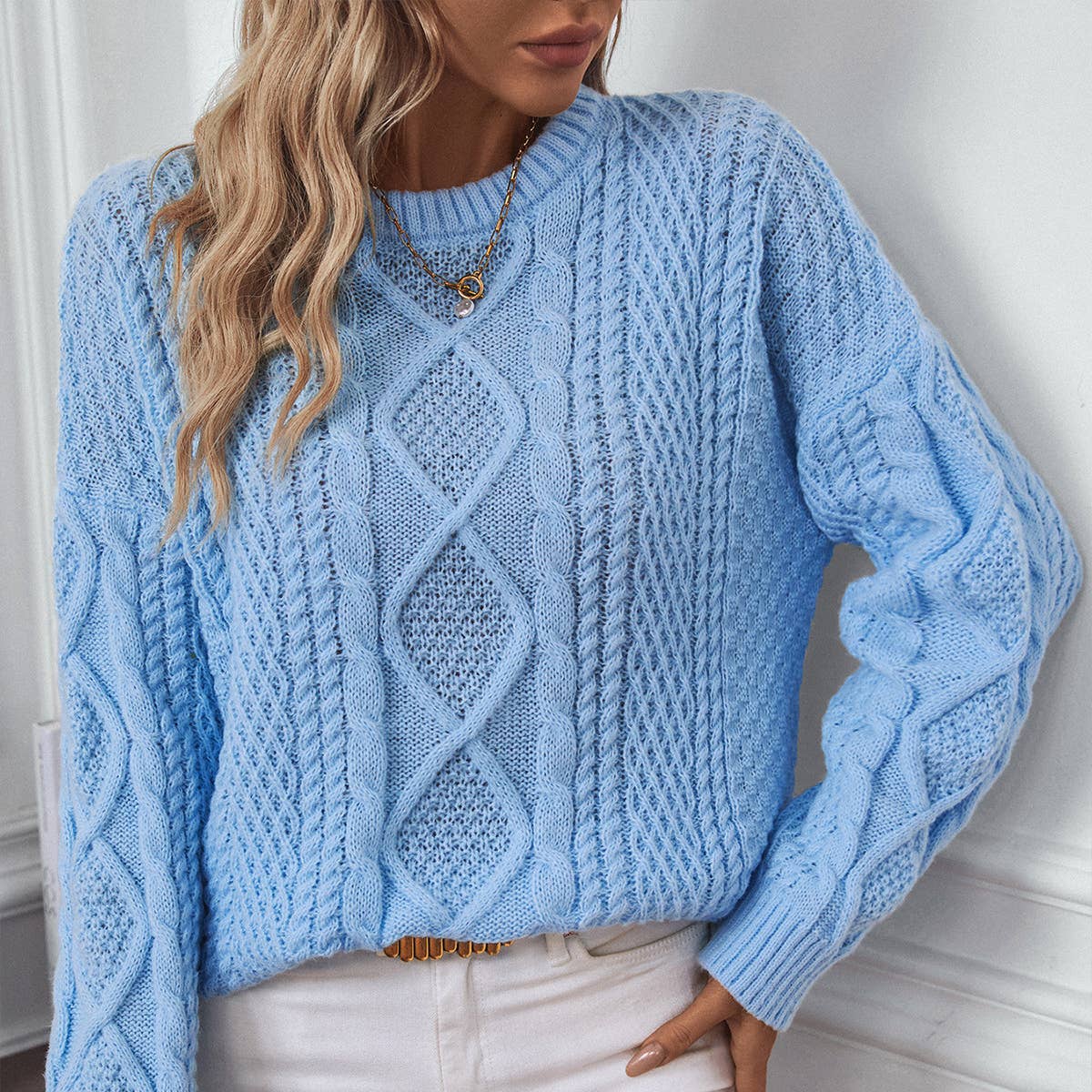 Solid color twist pullover loose long-sleeved sweater