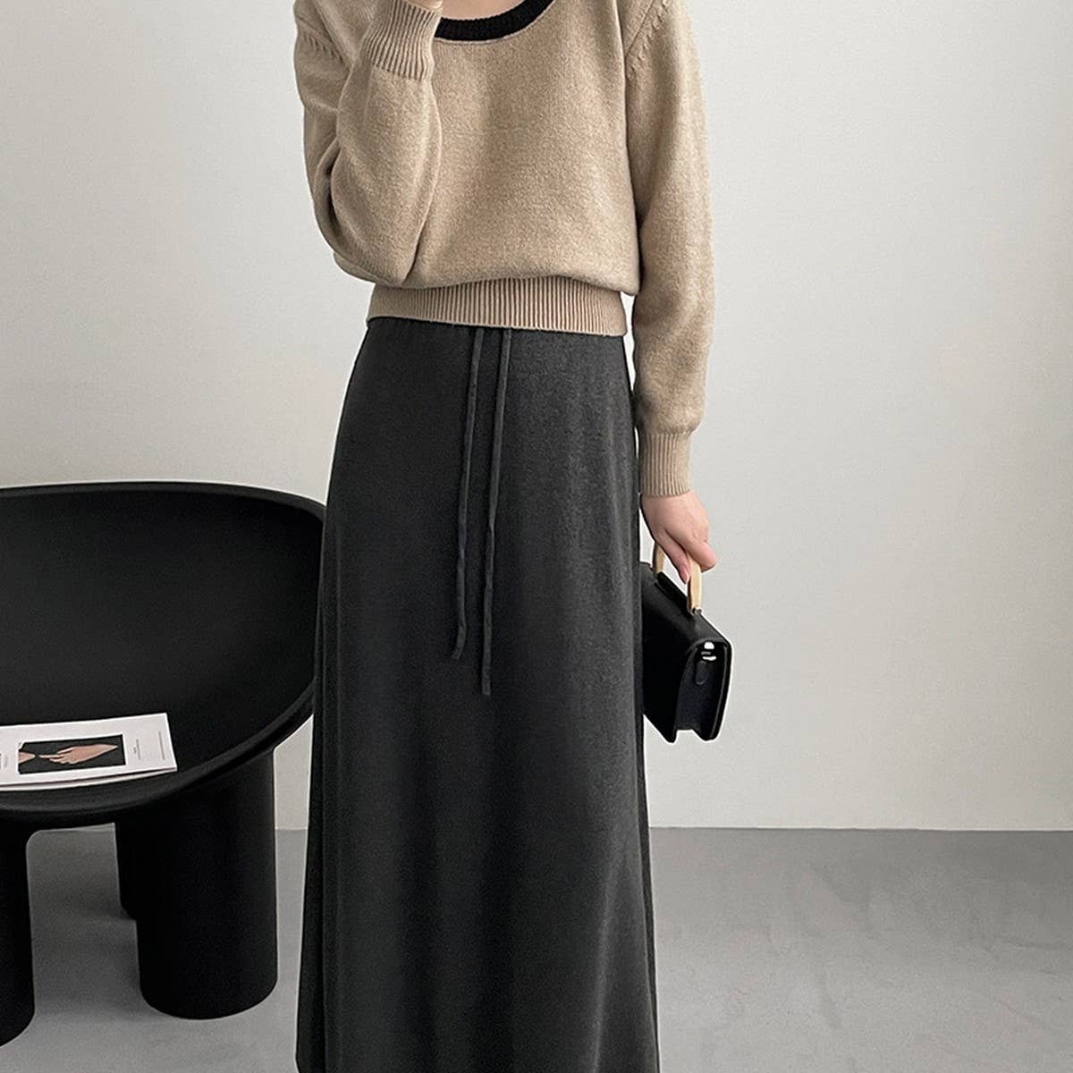 Solid color all-in-one drawstring knit A-line skirt