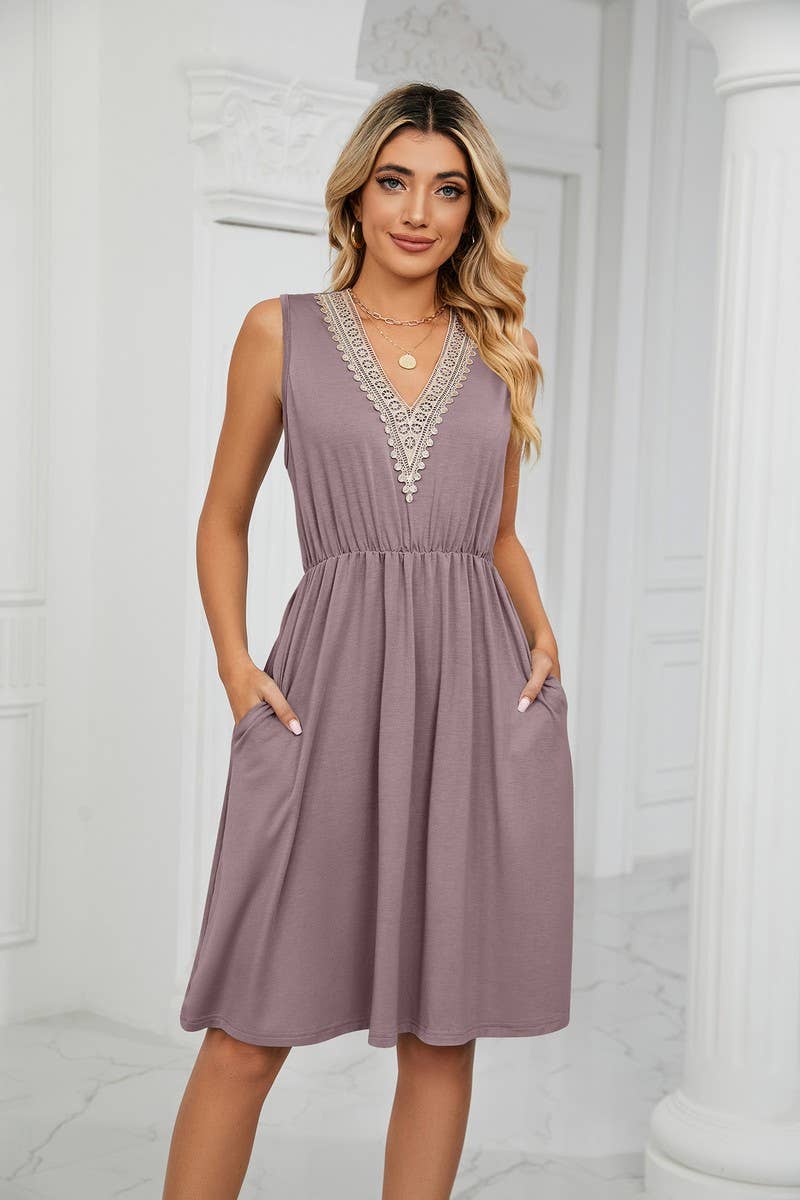 CWDSD3116_V-Neck Lace Trim Sleeveless Dress