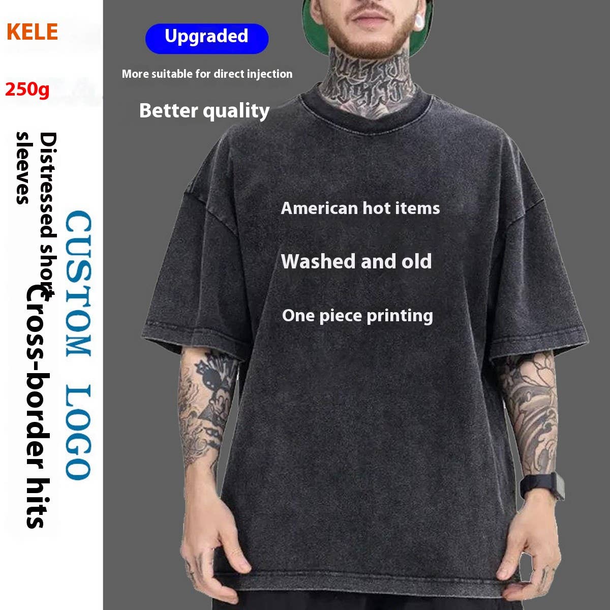 250g Vintage Washed Wax-Dyed Cotton T-Shirt ??Custom Logo