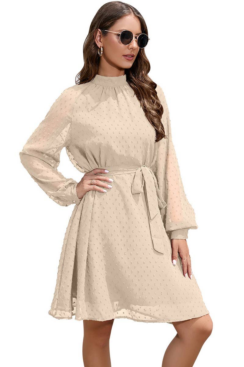 CWDSD5810_MID-NECK LONG-SLEEVED CHIFFON POMPOM BELT DRESS