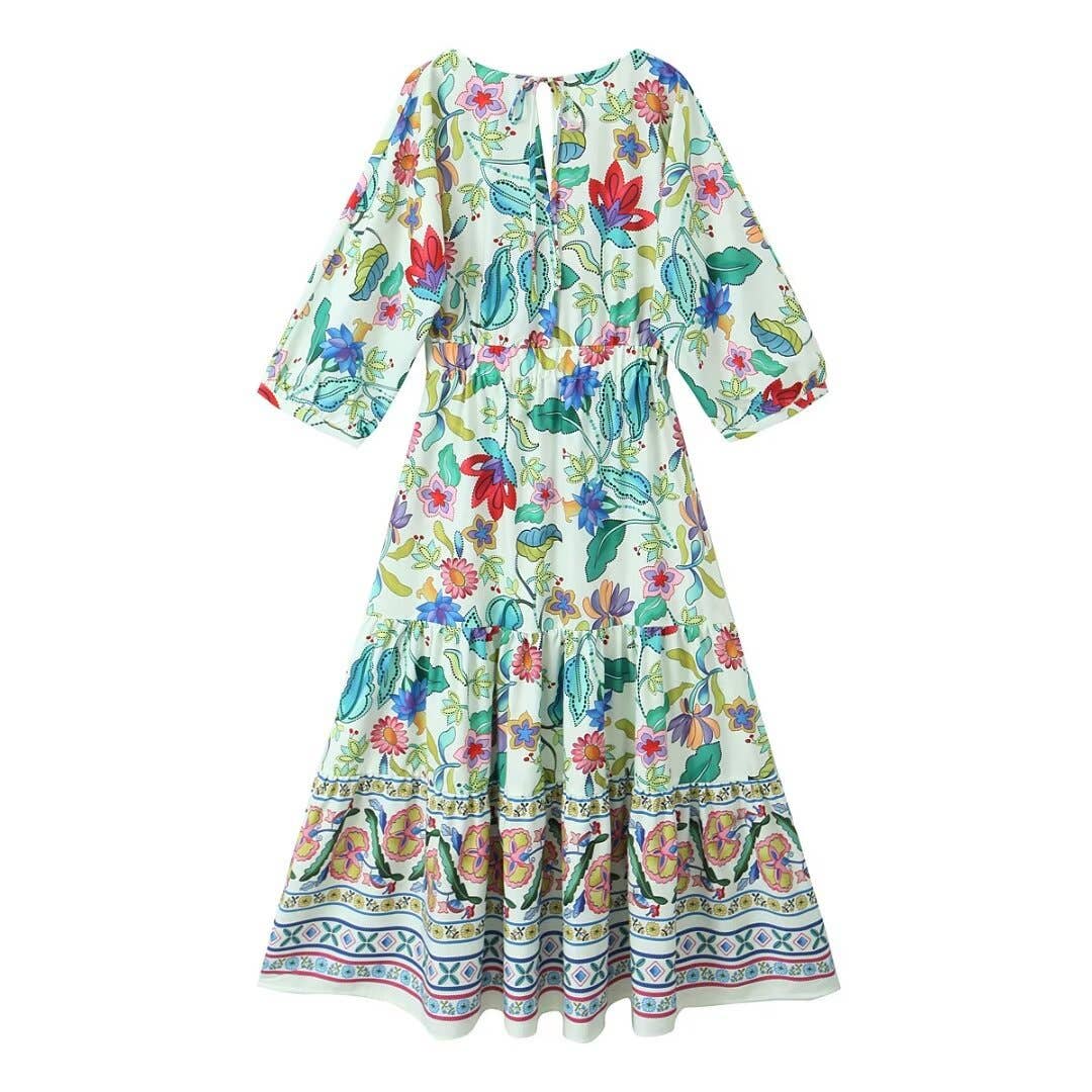 KNOTTED PRINTED LINEN BLEND DRESS