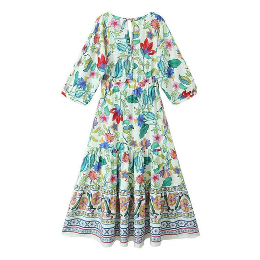 KNOTTED PRINTED LINEN BLEND DRESS