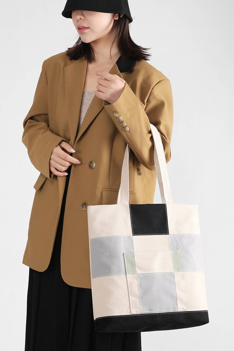 PLAID PATTERN CANVAS SHOULDER BAG_CWAB0510