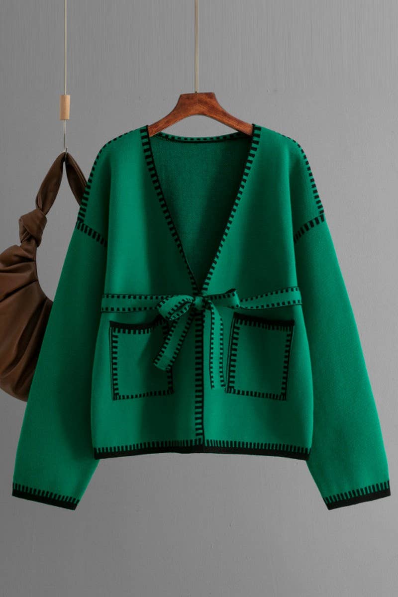 CWOCAL00666_TIE WAIST LONG SLEEVE CASUAL KNIT CARDIGAN