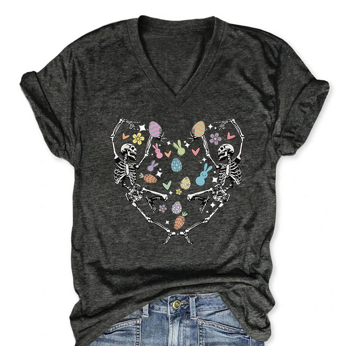 EASTER FUN PRINTED SKULL PERSONALITY VNECK TEES_CWTTS0868