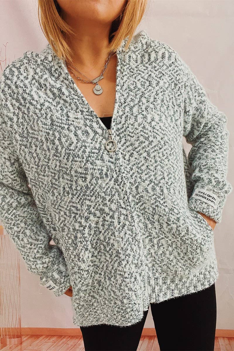 Hooded drawstring zipper pocket knit cardigan