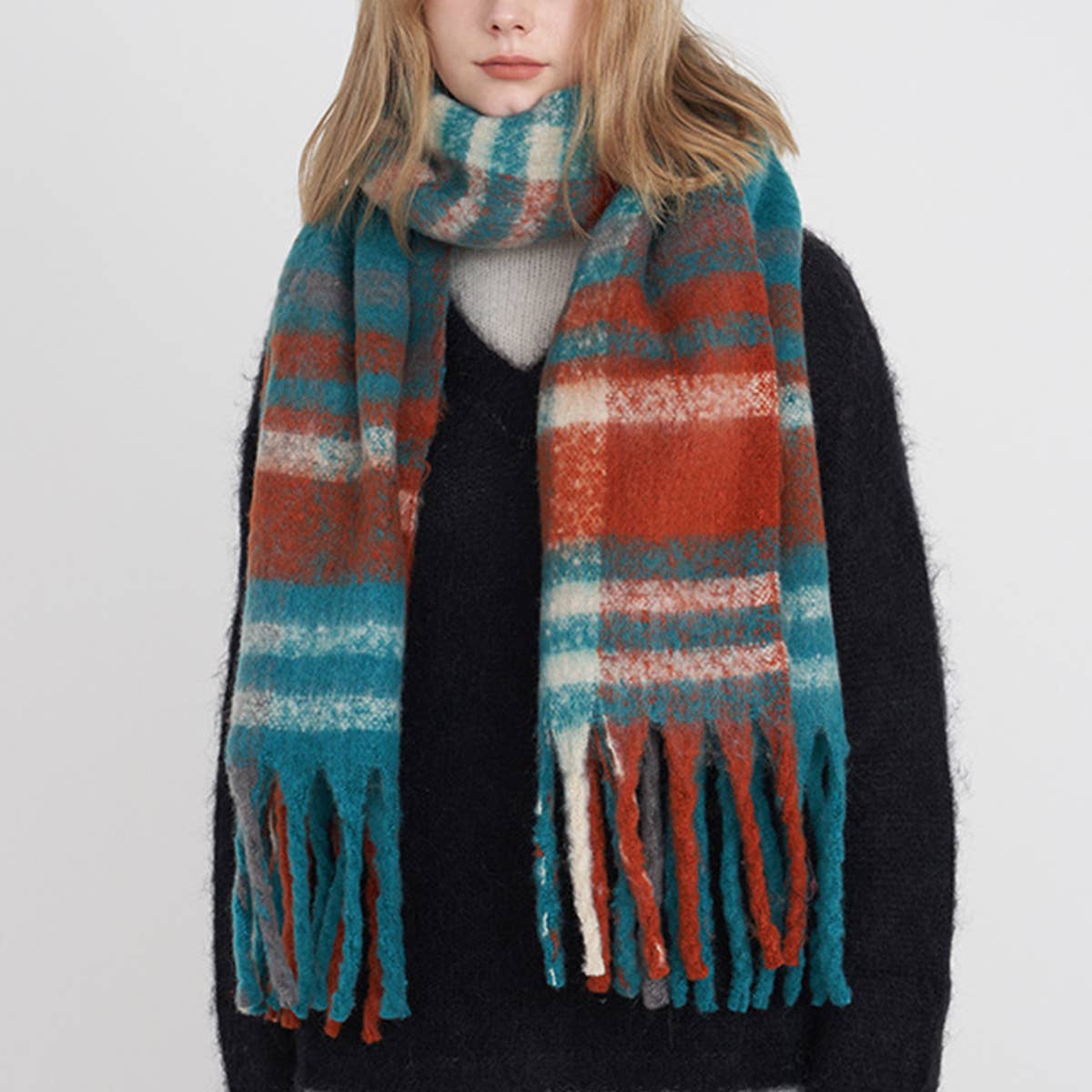 French Retro Plaid Scarf - Winter Tassel Wrap